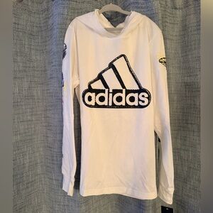 Adidas Thin, White Hoodie with Black Logo and colorful sports on the sleeves